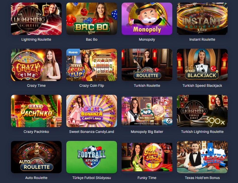 Captura de pantalla del lobby de juegos de casino en vivo de 7Slots mostrando títulos como Lightning Roulette, Bac Bo, Monopoly Live, Instant Roulette, Crazy Time, Crazy Coin Flip, Turkish Roulette, Turkish Speed Blackjack, Crazy Pachinko, Sweet Bonanza CandyLand, Monopoly Big Baller, Turkish Lightning Roulette, Auto Roulette, Football Studio, Funky Time y Texas Hold'em Bonus.
