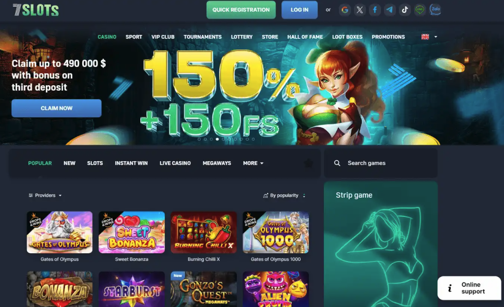 Página de inicio del casino online 7Slots con un banner promocional de bono del 150% más 150 giros gratis, ilustrado con un personaje de elfa de fantasía. Se muestran categorías de juegos como populares, nuevos, tragamonedas, ganancias instantáneas, casino en vivo y megaways, además de títulos visibles como Gates of Olympus, Sweet Bonanza, Burning Chilli X, Bonanza, Starburst, Gonzo’s Quest y Alien Fruits.