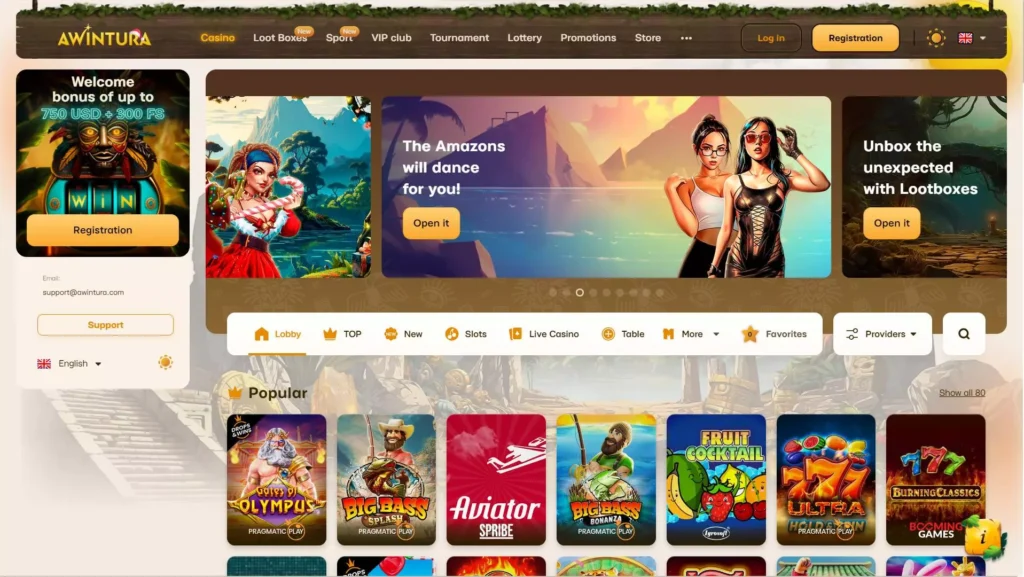 Página principal de Awintura Casino con promociones como bono de bienvenida de hasta 750 USD y 300 giros gratis, lootboxes y anuncios temáticos con personajes amazónicos. Sección de juegos populares con títulos como Gates of Olympus, Big Bass Splash, Aviator, Big Bass Bonanza, Fruit Cocktail, Ultra Hold & Spin y Burning Classics.
