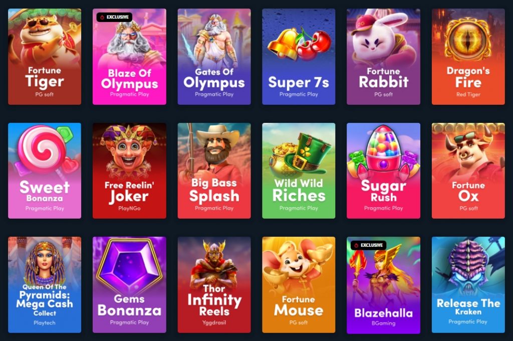 "Pantalla de Blaze Casino con una selección de tragamonedas populares como Fortune Tiger, Blaze of Olympus, Gates of Olympus, Super 7s, Fortune Rabbit, Dragon's Fire, Sweet Bonanza, Free Reelin’ Joker, Big Bass Splash, Wild Wild Riches, Sugar Rush, Fortune Ox, Queen of the Pyramids, Gems Bonanza, Thor Infinity Reels, Fortune Mouse, BlazeHalla y Release the Kraken.
