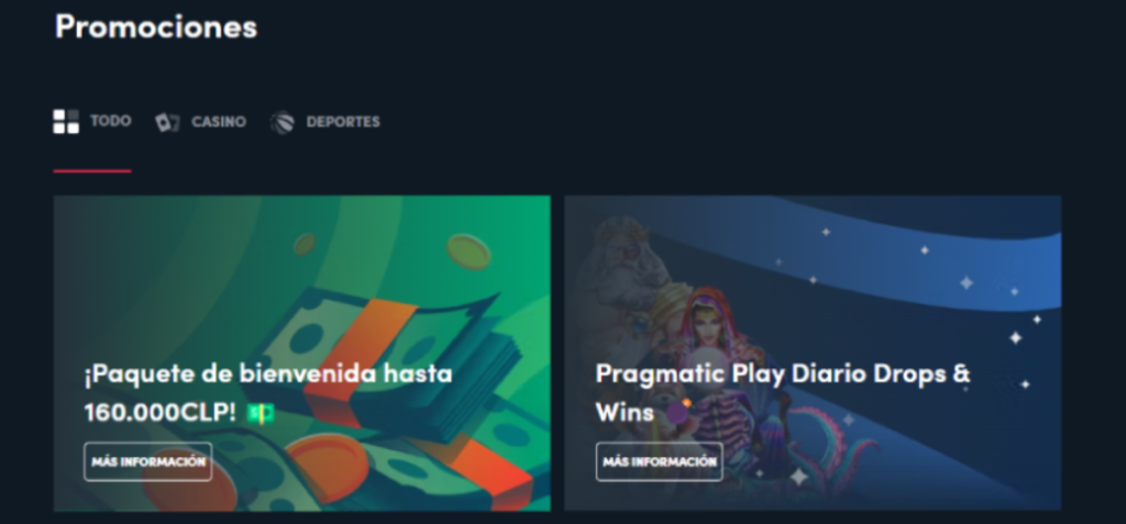 Sección de promociones de Blaze con ofertas destacadas como paquete de bienvenida de hasta 160.000 CLP y la promoción diaria Pragmatic Play Drops & Wins.