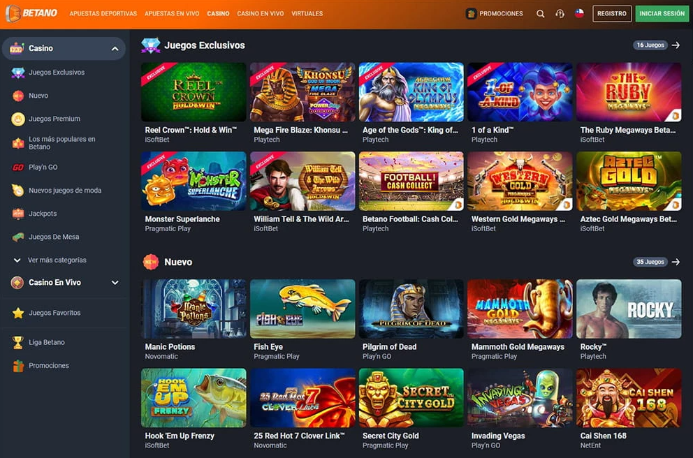 Pantalla de Betano Casino mostrando categorías como Juegos Exclusivos y Nuevos, con tragamonedas como Reel Crown Hold & Win, Mega Fire Blaze Khonsu, Age of the Gods King of Olympus, 1 of a Kind, The Ruby Megaways, Monster Superlanche, William Tell & The Wild Arrows, Betano Football Cash Collect, Western Gold Megaways, Aztec Gold Megaways, Manic Potions, Fish Eye, Pilgrim of Dead, Mammoth Gold Megaways, Rocky, Hook’em Up Frenzy, 25 Red Hot 7 Clover Link, Secret City Gold, Invading Vegas y Cai Shen 168.