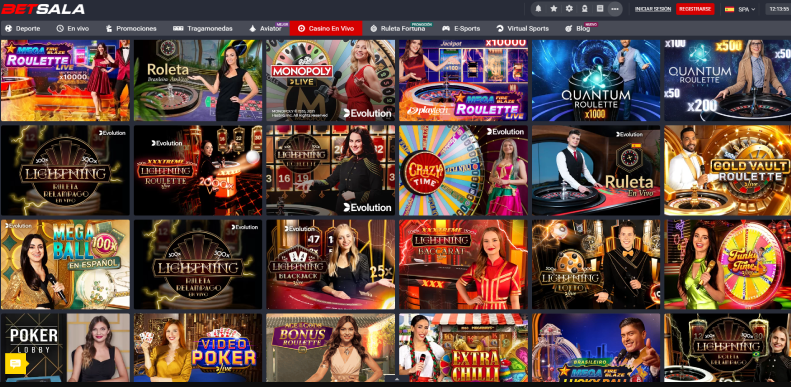 Pantalla de Betsala con juegos de casino en vivo como Mega Fire Blaze Roulette, Roleta, Monopoly Live, Quantum Roulette, Lightning Roulette, Crazy Time, Mega Ball, Lightning Blackjack, Gold Vault Roulette, Poker Lobby, Video Poker, Bonus Roulette y Extra Chilli.