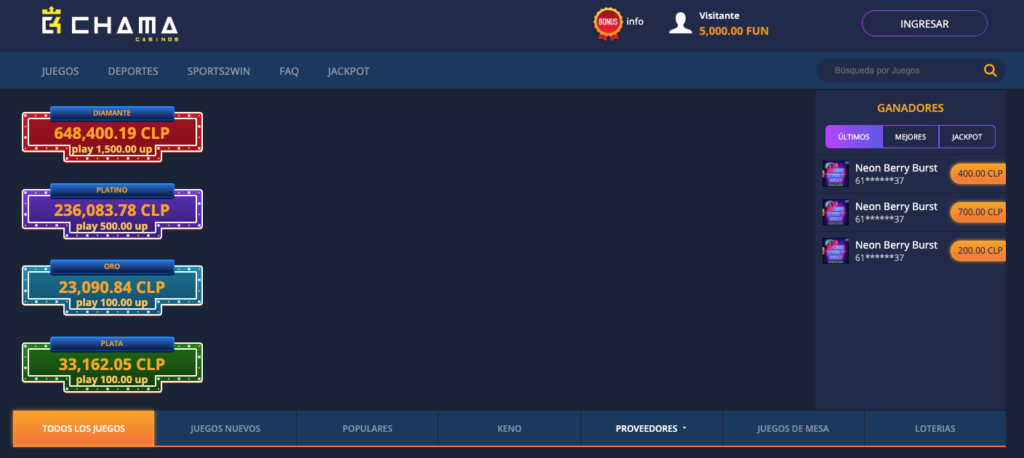 Pantalla de Chama Casinos mostrando los jackpots acumulados en categorías Diamante, Platino, Oro y Plata, junto a la lista de ganadores recientes del juego Neon Berry Burst con premios en CLP.