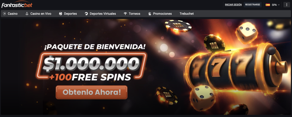 Banner promocional de Fantasticbet con paquete de bienvenida de $1.000.000 más 100 giros gratis, acompañado de ilustraciones de dados, fichas de casino y un carrete de tragamonedas con 777.