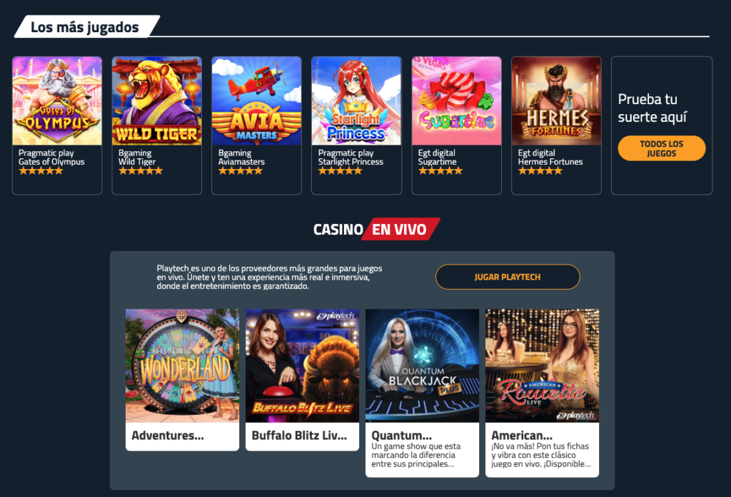 Sección de juegos más jugados en Juegalo con títulos como Gates of Olympus, Wild Tiger, Avia Masters, Starlight Princess, Sugartime y Hermes Fortunes. Incluye apartado de casino en vivo con juegos como Adventures Beyond Wonderland, Buffalo Blitz Live, Quantum Blackjack Plus y American Roulette Live de Playtech.