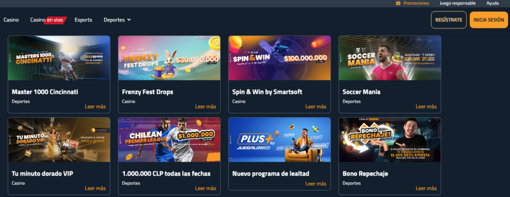 Sección de promociones de Juegalo con ofertas como Master 1000 Cincinnati, Frenzy Fest Drops con premios de $30.000.000, Spin & Win by Smartsoft con $100.000.000, Soccer Mania, Tu minuto dorado VIP, Chilean Premier League con premios de $1.000.000 CLP, programa de lealtad Plus, y Bono Repechaje que devuelve el 50% de tu apuesta perdida.