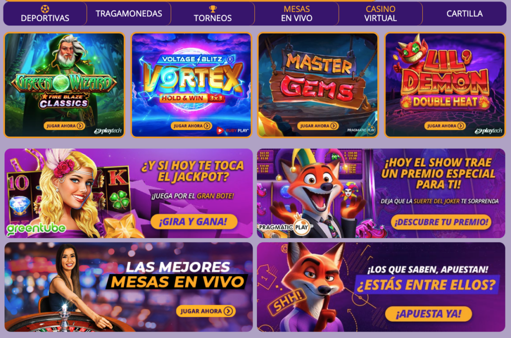 Pantalla de Latamwin con tragamonedas destacadas como Green Wizard, Voltage Blitz Vortex, Master Gems y Lil' Demon Double Heat, junto a banners promocionales que incluyen jackpots, premios especiales, mesas en vivo y apuestas deportivas.