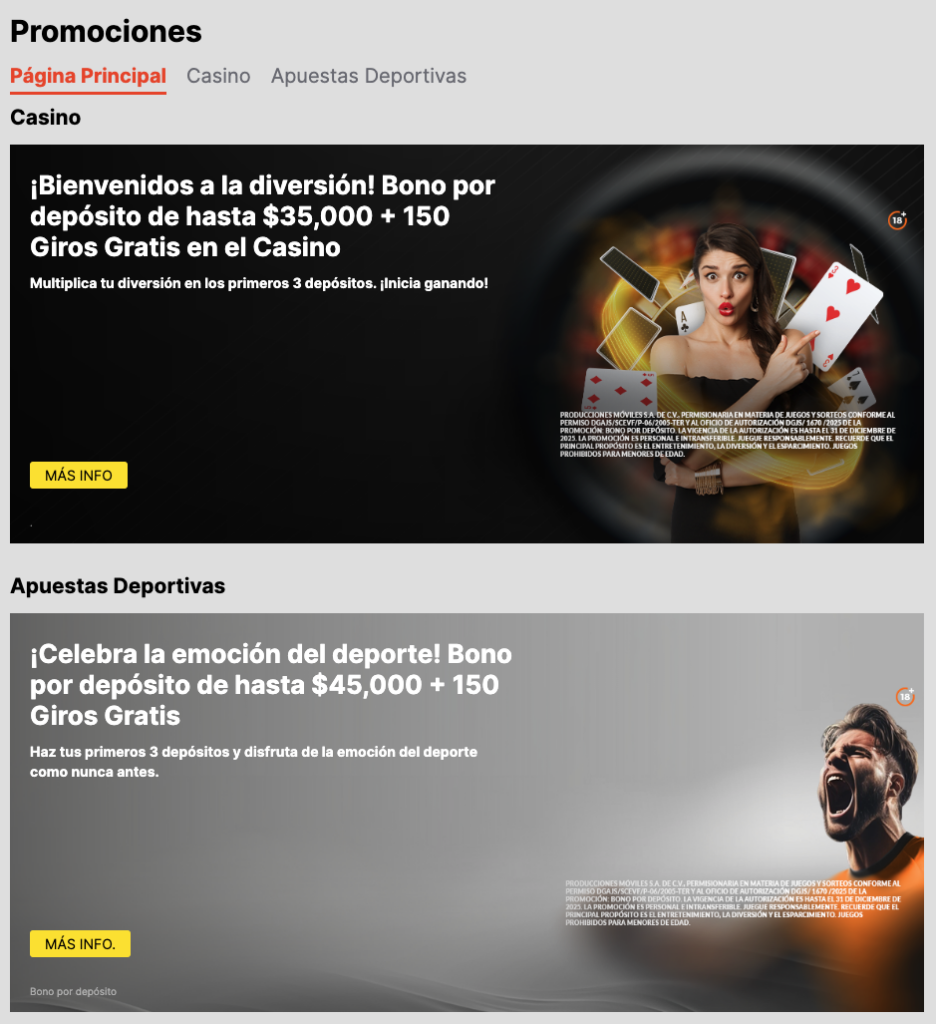 Sección de promociones de Mexbet con bono por depósito de hasta $35,000 más 150 giros gratis para casino, y bono por depósito de hasta $45,000 más 150 giros gratis para apuestas deportivas.