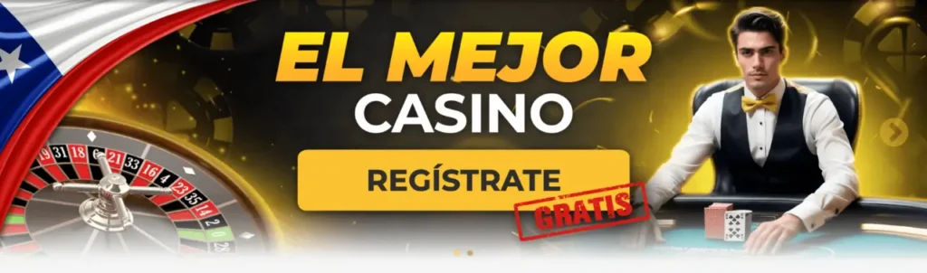Banner promocional de MiCasino con el texto 'El mejor casino', botón de registro gratis, una mesa de ruleta y un crupier elegante vestido con chaleco negro y pajarita amarilla.