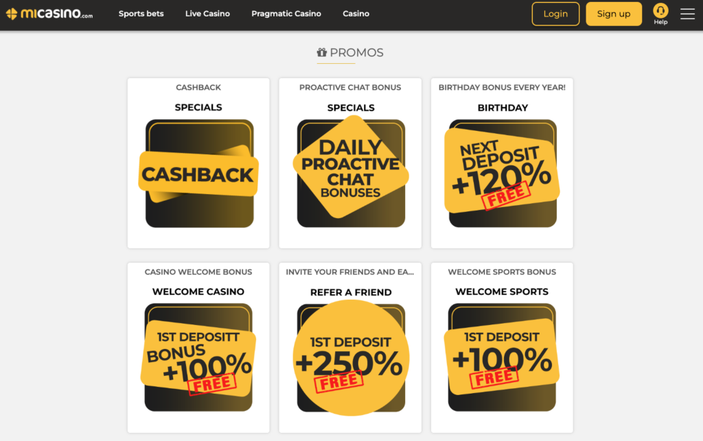 Sección de promociones de MiCasino con bonos como cashback, bono de chat proactivo diario, bono de cumpleaños con 120% extra en el siguiente depósito, bono de bienvenida al casino de 100%, bono por referir amigos de 250% y bono de bienvenida para apuestas deportivas de 100%.
