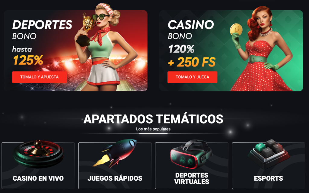 Promociones de Pin-Up con bono de deportes hasta 125% y bono de casino del 120% más 250 giros gratis, junto a secciones destacadas como casino en vivo, juegos rápidos, deportes virtuales y eSports.