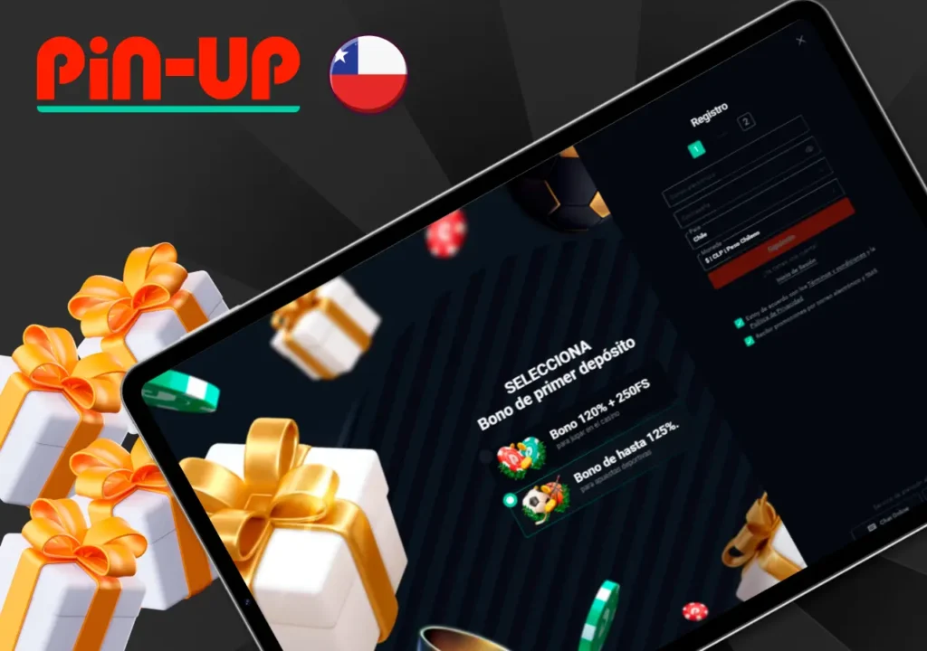 Pantalla de registro de Pin-Up Casino Chile en tableta, mostrando la selección del bono de primer depósito: 120% más 250 giros gratis para juegos de casino o hasta 125% para apuestas deportivas.