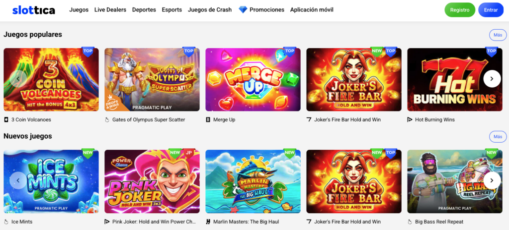 Pantalla de Slottica con tragamonedas populares como 3 Coin Volcanoes, Gates of Olympus Super Scatter, Merge Up, Joker’s Fire Bar Hold and Win y Hot Burning Wins, junto a nuevos juegos como Ice Mints, Pink Joker: Hold and Win Power Chance, Marlin Masters: The Big Haul y Big Bass Reel Repeat.