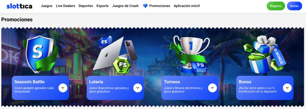 Sección de promociones de Slottica con campañas como Season’s Battle para ganar gadgets, Lotería con dispositivos y giros gratis, Torneos con premios y giros, y Bonos que ofrecen giros gratis o porcentaje de bonificación en depósitos.