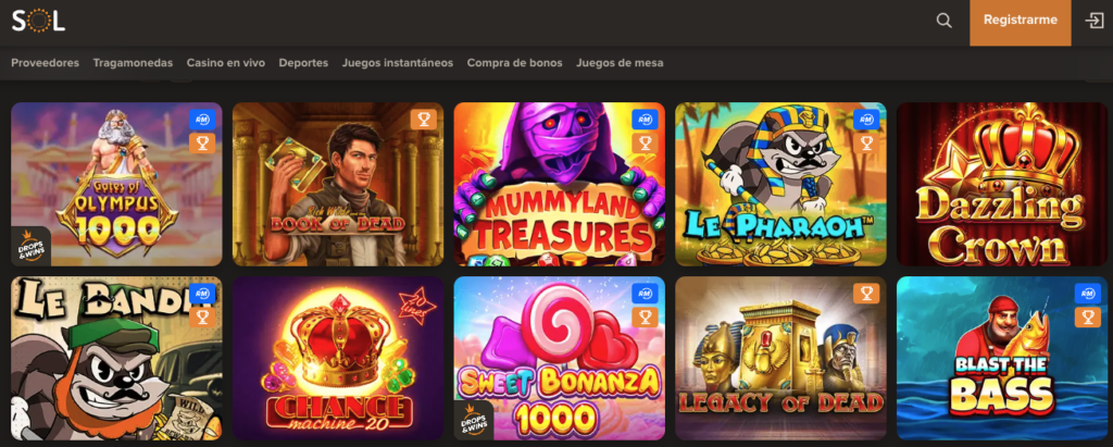 Pantalla de SOL Casino con tragamonedas populares como Gates of Olympus 1000, Book of Dead, Mummyland Treasures, Le Pharaoh, Dazzling Crown, Le Bandit, Chance Machine 20, Sweet Bonanza 1000, Legacy of Dead y Blast the Bass.