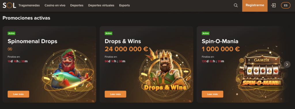Sección de promociones activas en SOL Casino que incluyen Spinomenal Drops, Drops & Wins con 24.000.000 € en premios y Spin-O-Mania con 1.000.000 €, cada una con fecha límite y botón para más información.