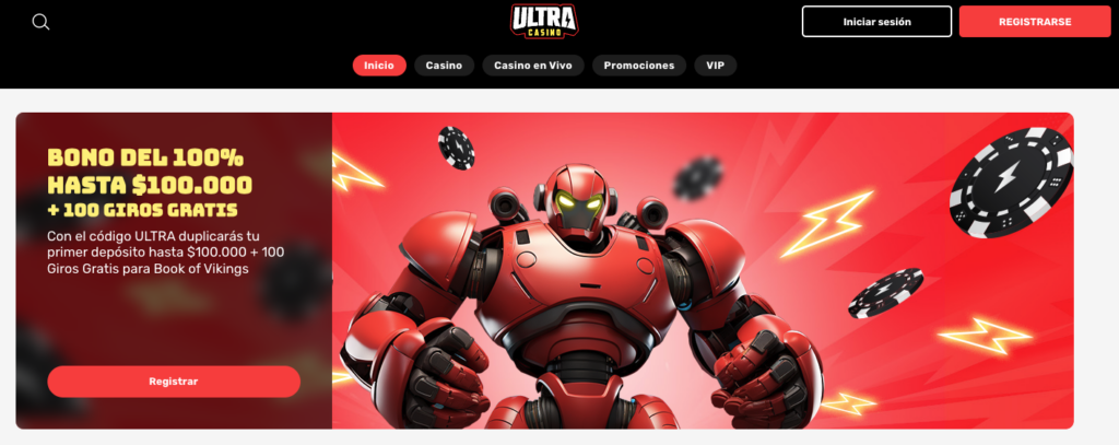 Banner promocional de Ultra Casino con bono del 100% hasta $100.000 más 100 giros gratis para el juego Book of Vikings, ilustrado con un robot rojo y fichas de casino.