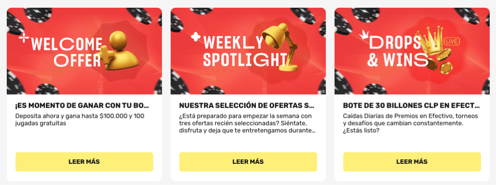 Sección de promociones de Ultra Casino con ofertas como bono de bienvenida hasta $100.000 más 100 giros gratis, Weekly Spotlight con selección semanal de ofertas, y Drops & Wins con bote de 30 billones CLP en premios y torneos.