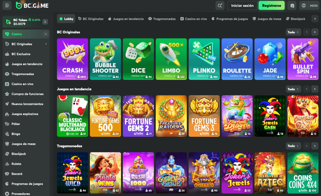 Selección de juegos originales y tragamonedas en BC.Game