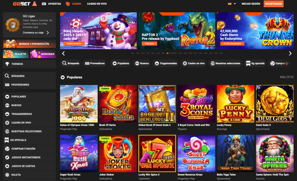 Interfaz de inicio de GG.Bet con tragamonedas populares